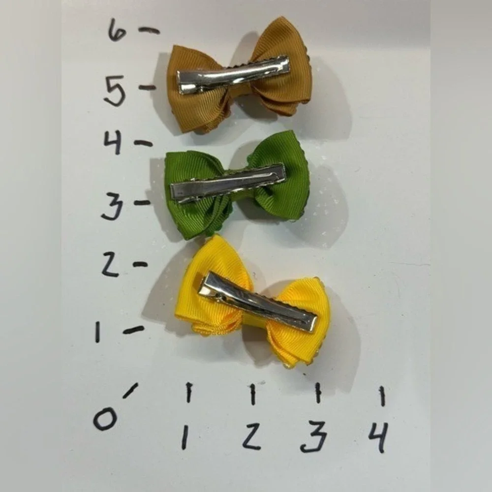 New Girls Hair Bows Set of 3 Rhinestone Beaded Alligator Clips Yellow Green Tan